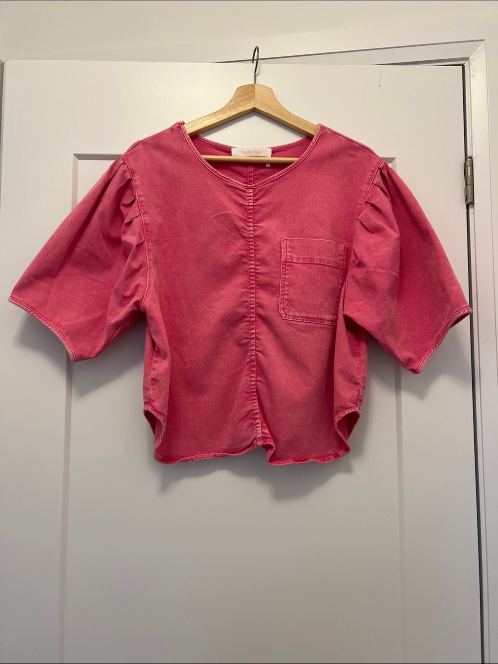 See By Chloe Pink Cropped Boxy Tee with Pocket Detail